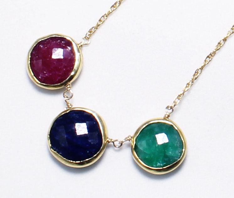 Precious Gem Ruby Sapphire Emerald Necklace 18k Gold Bezel Set