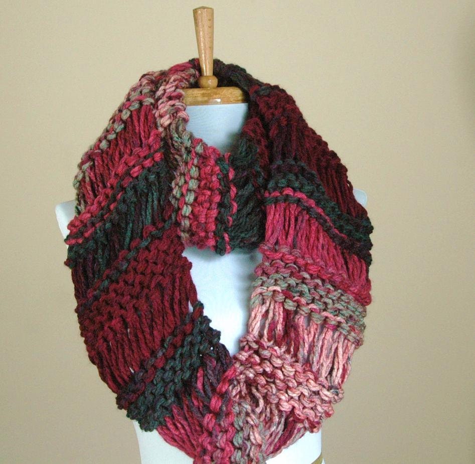 Chunky Hand Knit Infinity Scarf in Victorian Christmas Shades of Green Rose Drop Stitch Original Design