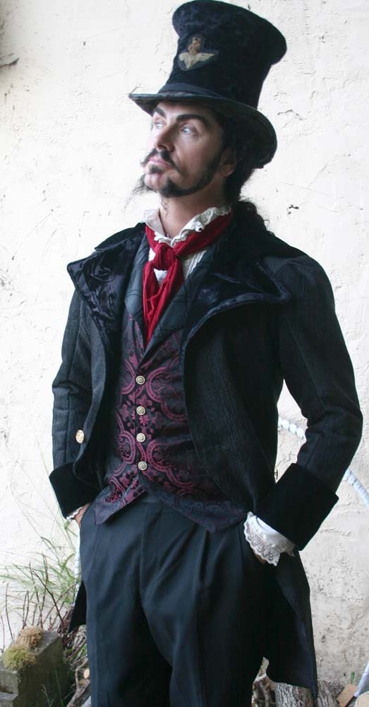 Black Tapestry Cloth and Velvet Steampunk Frock Cutaway Swallowtail Wedding Jacket, Vest, Trousers, Frilly Shirt and Cravat