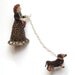 Animal brooch, lady walking her Dachshund dog unusual double brooch pin