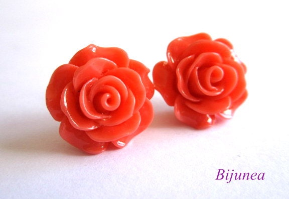 Rose earrings - Orange rose stud earrings - Orange flower posts - Peach rose studs - Orange rose post earrings sp328
