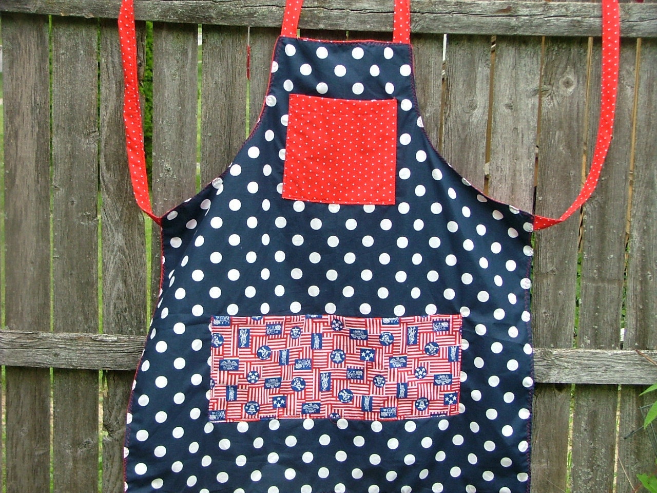 PATRIOTIC APRON Reversible  BBQ/Chef Style Apron Red White And Blue Polka Dots