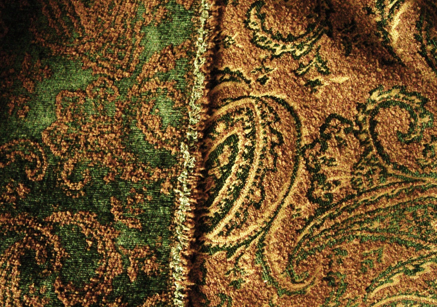 Green and Brown Paisley Chenille Upholstery Fabric by the yard