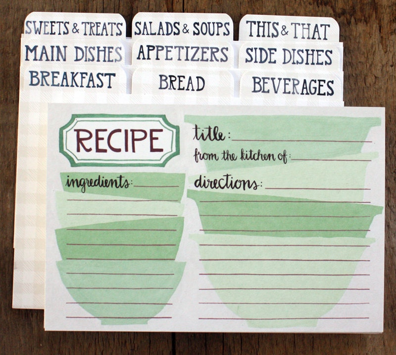 Green Mixing Bowls Recipe Cards Set of 50 with dividers