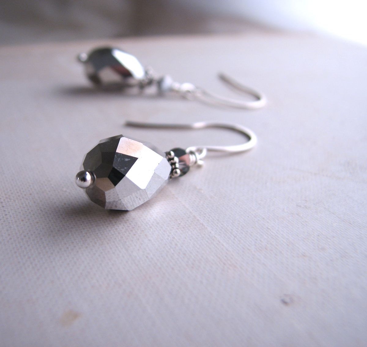 Silver Metallic drop earrings with vintage Swarovski comet argent crystals
