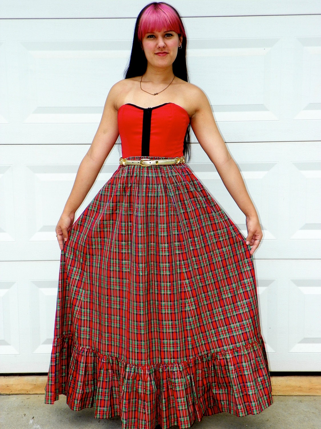 Christmas Plaid Floor Length Skirt with Ruffle M/L