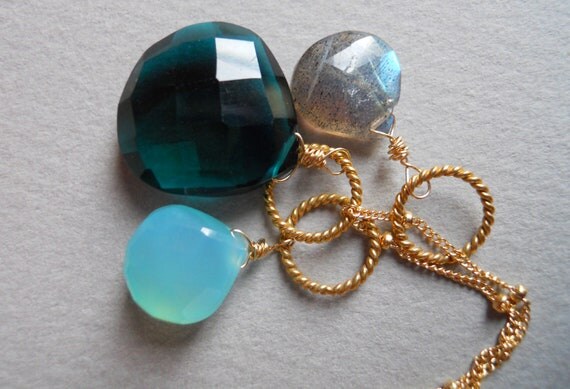 Three-in-One Peacock Quartz, Aqua Chalcedony and Blue Flash Labradorite Necklace
