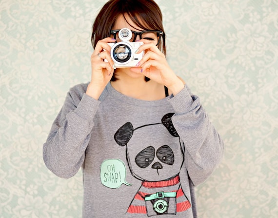 Hipster Panda Womens Raglan Sweater - Heather Grey - Sizes S, M, L