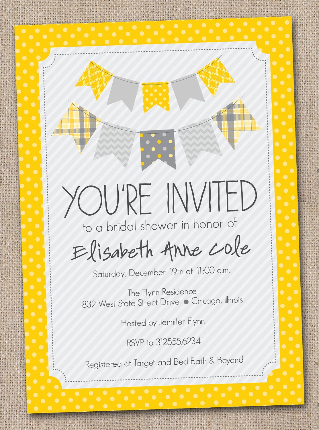 Printable Bridal Shower Invitations Yellow and Grey Bunting