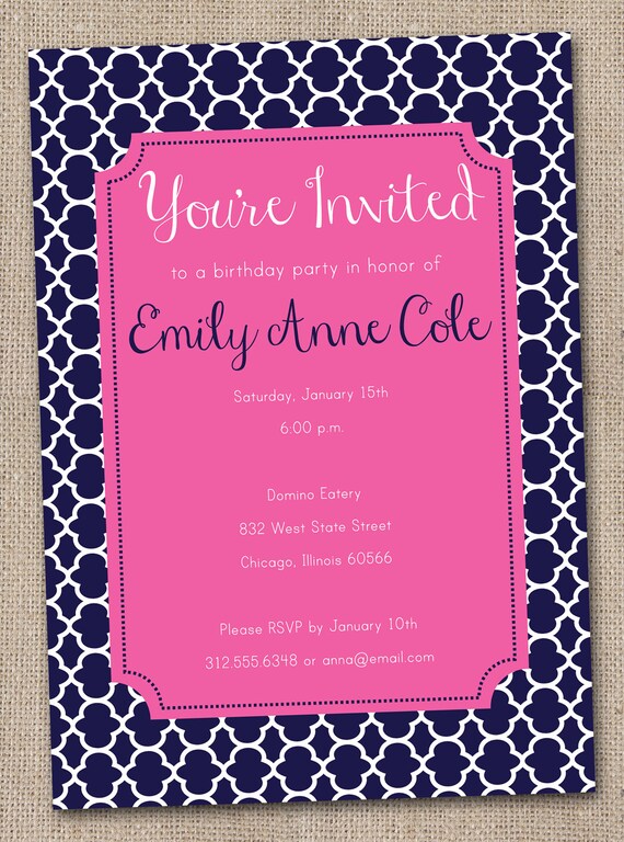 Printable Birthday Party Invitations Quatrefoil Pattern in Navy Blue and Hot Pink Il_570xn