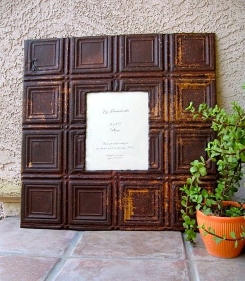 HUGE Rusty Antique Ceiling Tin Picture Frame / 8x10 Photo / LARGE 2ft / Industrial / Architectural Salvage Decor / Wedding Frame / Woodlan