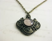 Cream Vintage Map Victorian Cabochon Necklace - 20" bronze chain