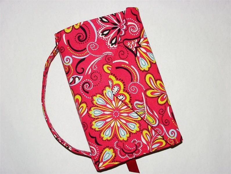 Trade Size Paperback Book Cover Fabric Bookcover Large Book Sleeve: Retro Flowers Red Aqua Green Black White