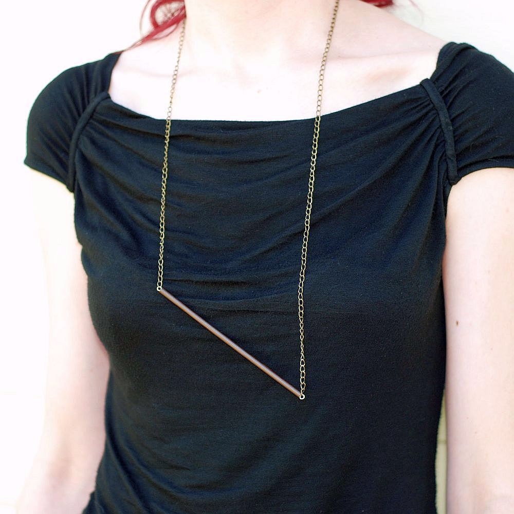 Brass Bar & Chain Necklace- Oxidized Brass Tube Simple Modern Jewelry
