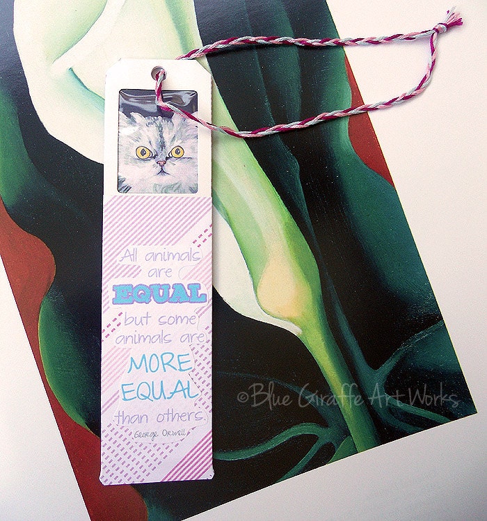 Handmade Bookmark featuring original portrait of a Silver Long Haired Cat and a Quote