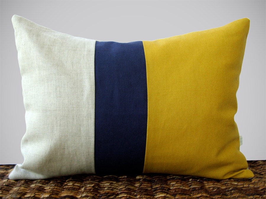 Color Block Stripe Pillow in Mustard, Navy and Natural Linen by JillianReneDecor (12x16) Modern Home Decor Honey Gold - JillianReneDecor