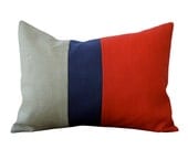 Tangerine Tango Color Block Pillow with Navy and Natural Linen Stripes by JillianReneDecor (12x16) Modern Home Decor Colorblock