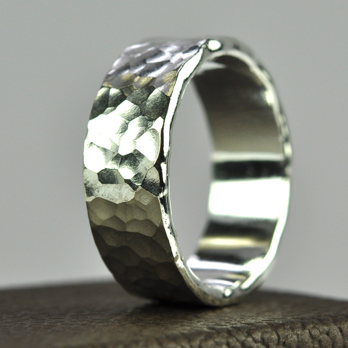 Silver Mens Ring Hammered Wedding Band by seababejewelry