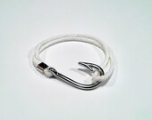 Matte white nautical rope bracelet with silver fish hook charm clasp