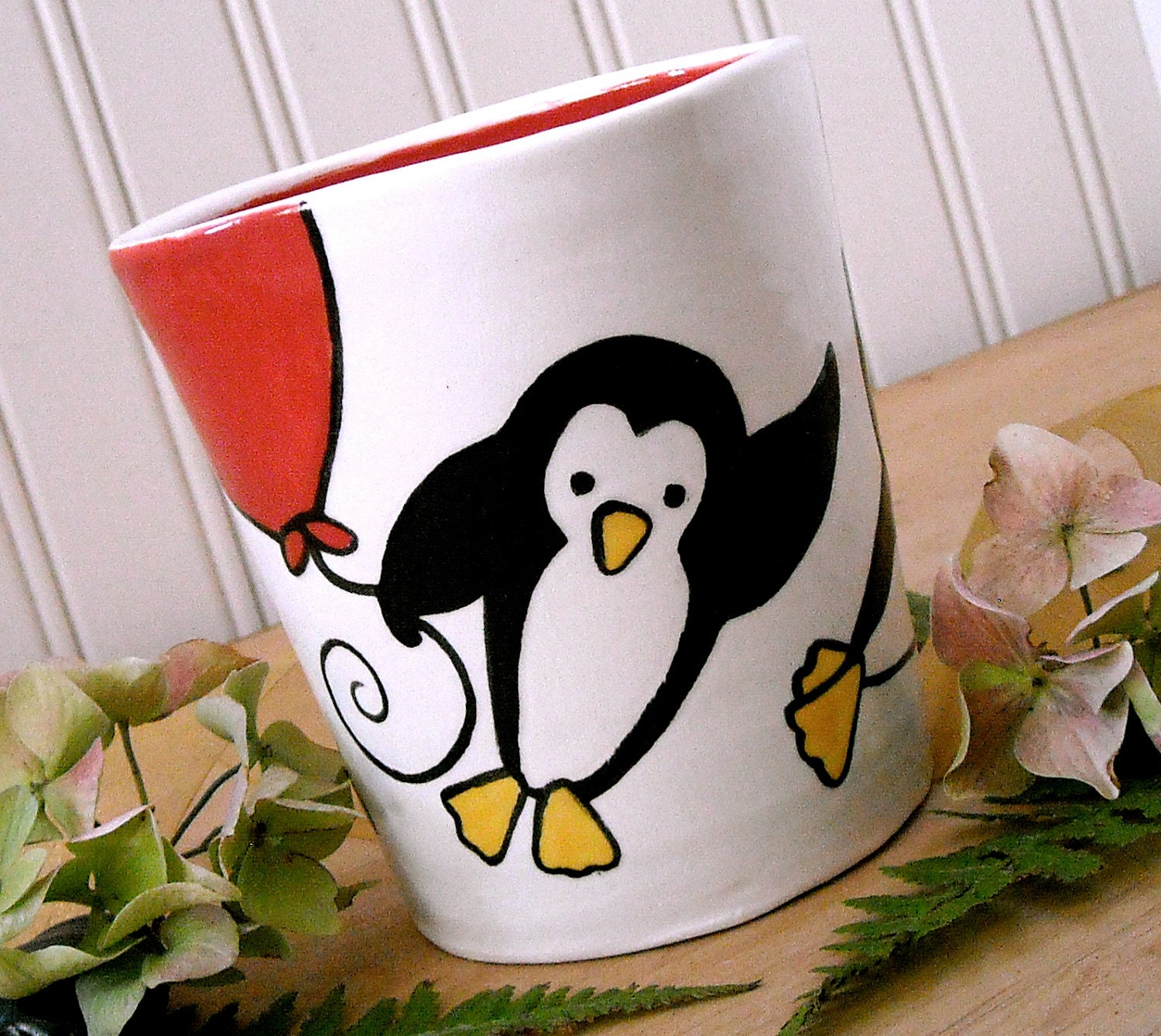 Pottery Cup - Handmade Penguins & Red Balloons Ceramic Vase - Wheel Thrown Tumbler for Hot, Cold Beverage or Flowers - Children Nursery Gift