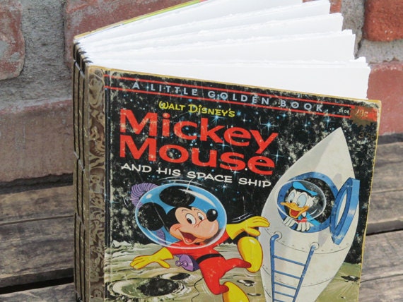 RARE Mickey Mouse and His Spaceship Golden Book Journal with Hand Torn 140lb Cold Press Watercolor Paper