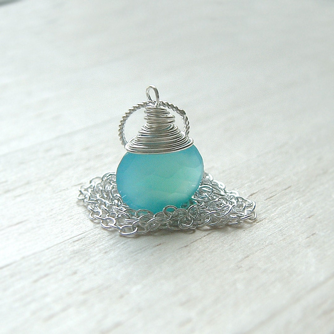 Blue Chalcedony Necklace Sterling Silver Wire Wrap Pendant spring fashion eco friendly jewelry