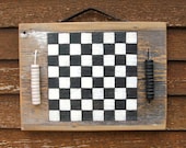 Checkerboard and Checkers Rustic Style with Leather Carrying Handle, Self Contained Game