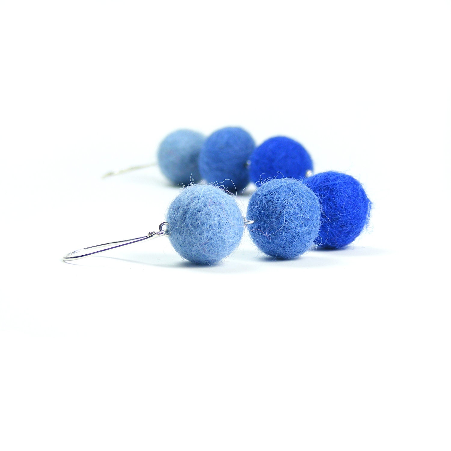 Handcrafted Felt Earrings, Shades of Blue Felt Balls on Sterling Silver Earrings, One of a kind