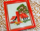Vintage Needlecraft Picture, Crewel Embroidery, Cottage, Framed, Red  (377-13)