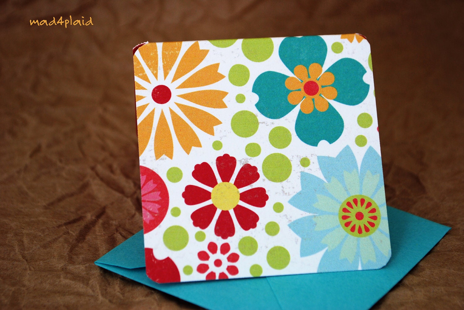 Blank Mini Card Set of 10, Citrus Flower with Contrasting Pattern on the Inside, Bright Aqua Envelopes, mad4plaid