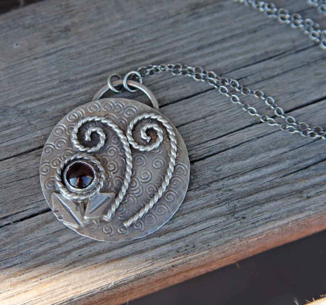 Sterling Silver Fiddlehead Fern and Garnet Flower Necklace