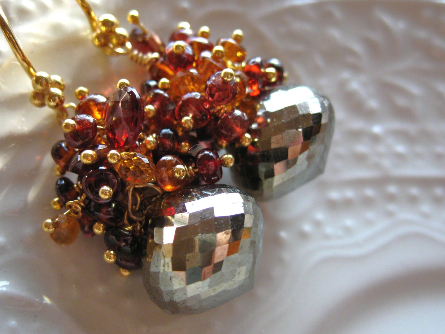 Pyrite and Tundra Sapphire Gemstone Earrings-Embers (Cluster version)