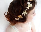 gold hair accessories, champagne hair flower, flower wreath, bridal hair accessories - PERSEPHONE - blush / beige headband, flower girl