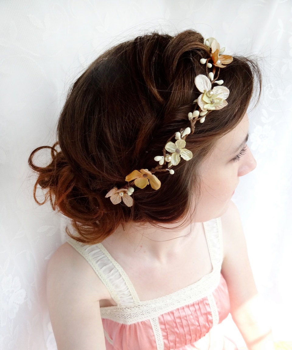 gold hair accessories, champagne hair flower, flower wreath, bridal hair accessories - PERSEPHONE - blush / beige headband, flower girl