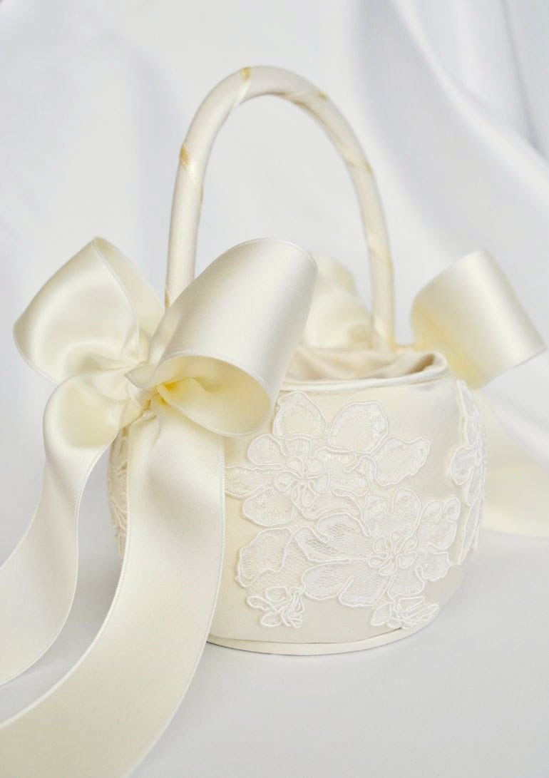 Ivory Flower Girl Basket - Ivory Alencon Lace Flower Girl Basket