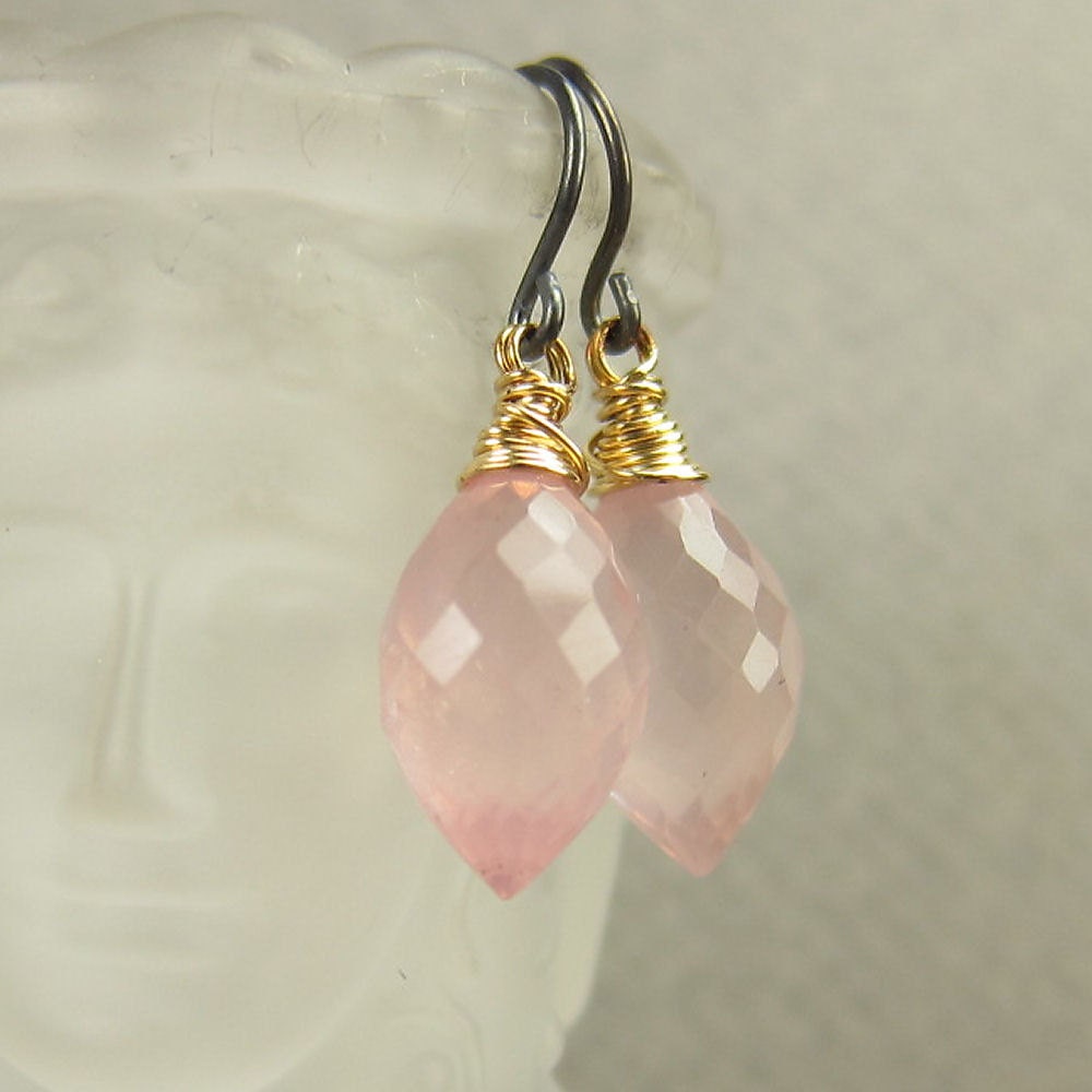 Rose Quartz Blackened Silver and Gold Fill Metal Earrings (A595)