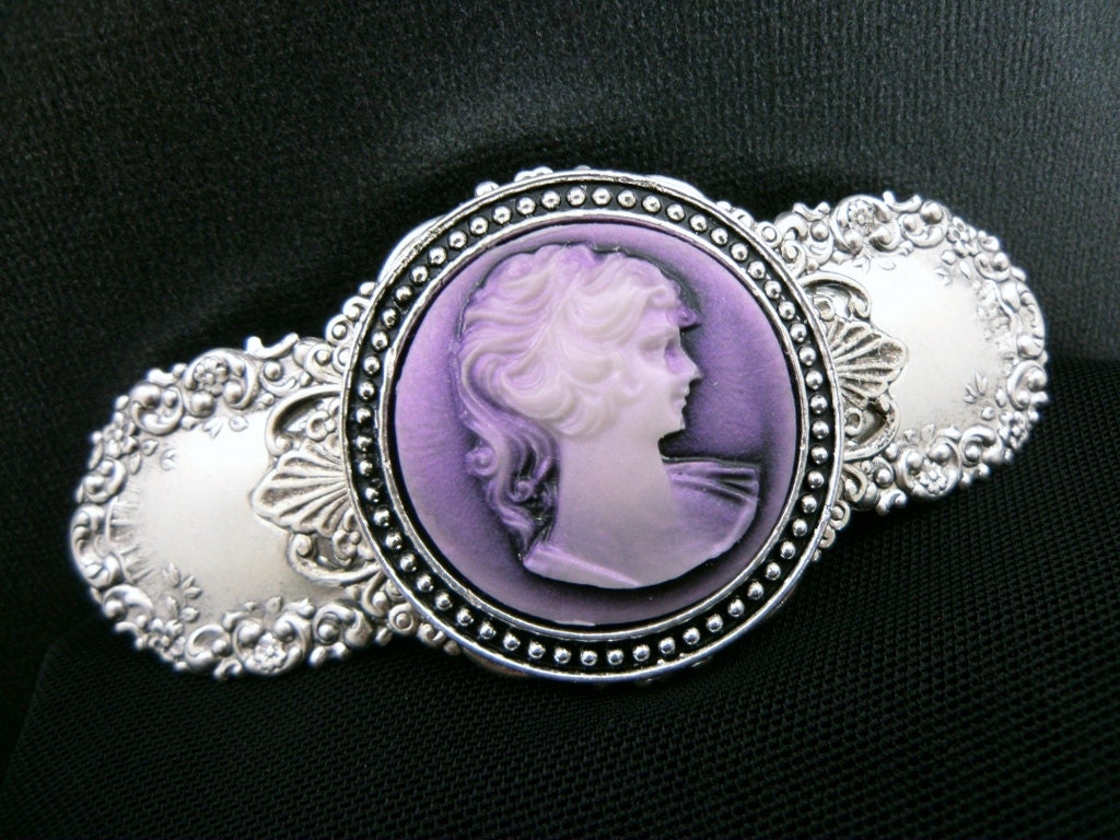 Cameo Hair Barrette in Antiqued Silver Purple Cameo
