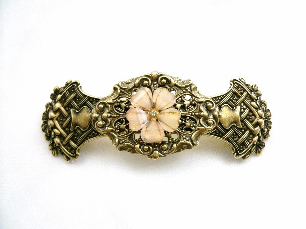 Victorian Flower Barrette in Antiqued Brass