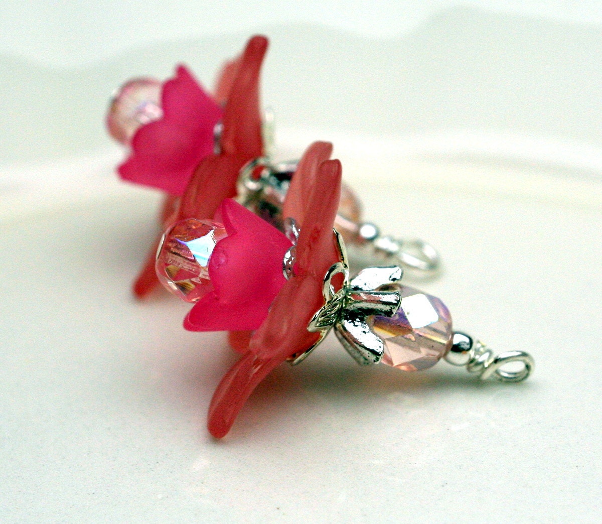 Vintage Style Pink on Pink Lucite Flower and Czech Crystal Dangle Charm Drop Set - 2 Pieces