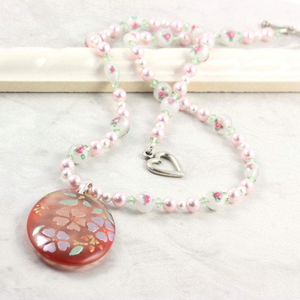 Floral Necklace Pink Pearl Pastel Green White Victorian Floral Pendant