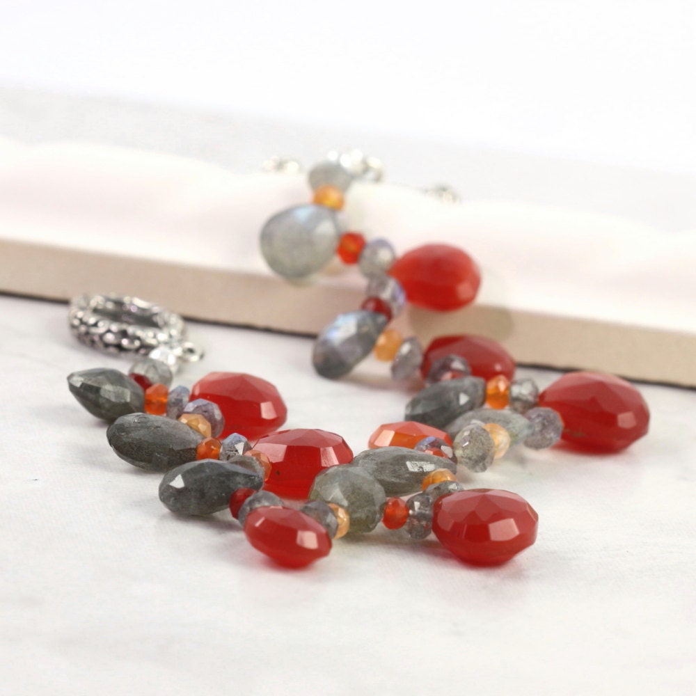 Chalcedony Bracelet Labradorite Gray Gemstone Pomegranate Carnelian Sterling Toggle Clasp