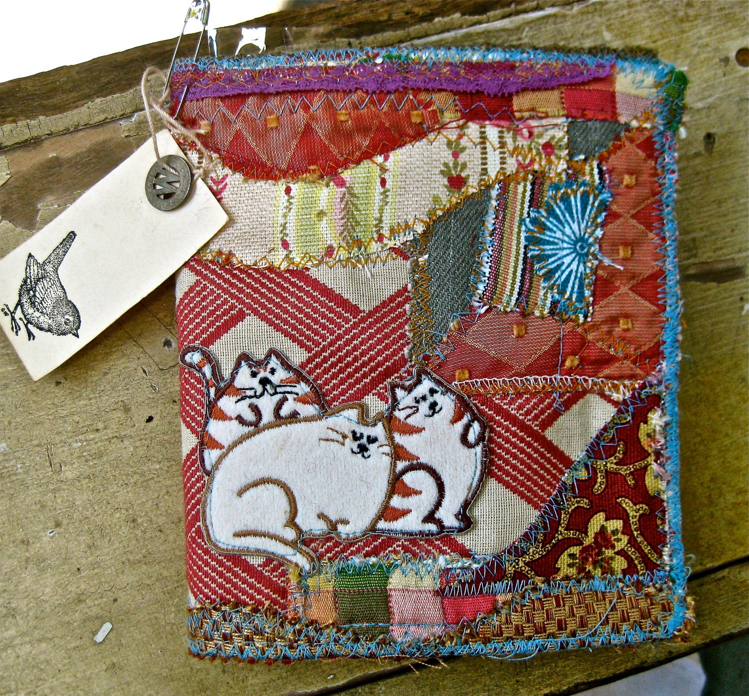 Altered art Fabric Cat pencil case writing case for travel  tateam