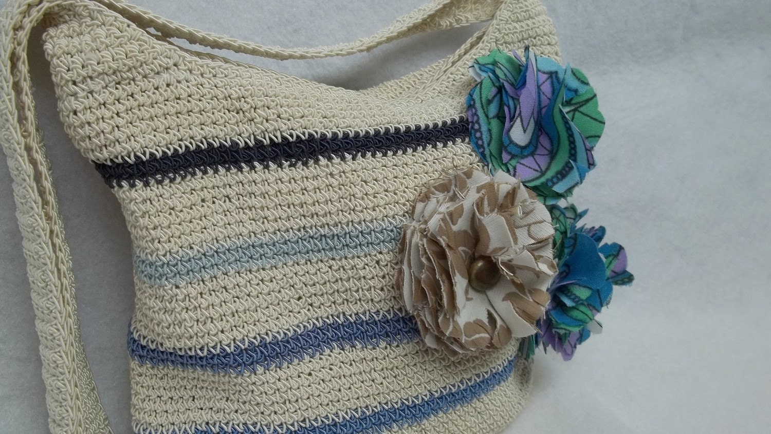 Upcycled Striped beige blue crochet women bag hobo shoulder bag women eco-friendly recycle afternoon beach