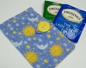 Up cycled tea wallet moon sun stars blue cotton fabric eco friendly, under 10 dollars