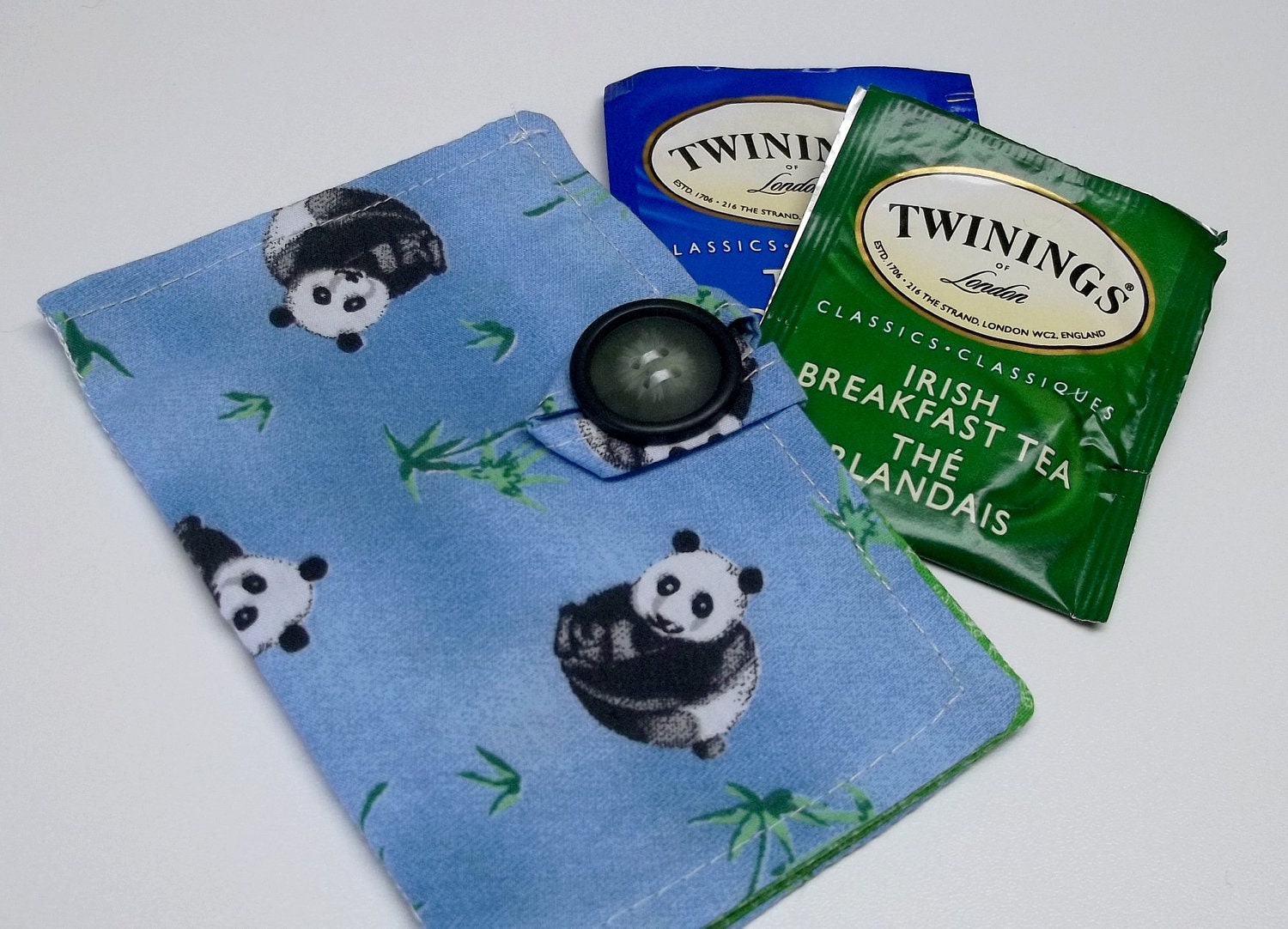 Up cycled pandas blue background cotton fabric Tea wallet eco friendly, under 10 dollars