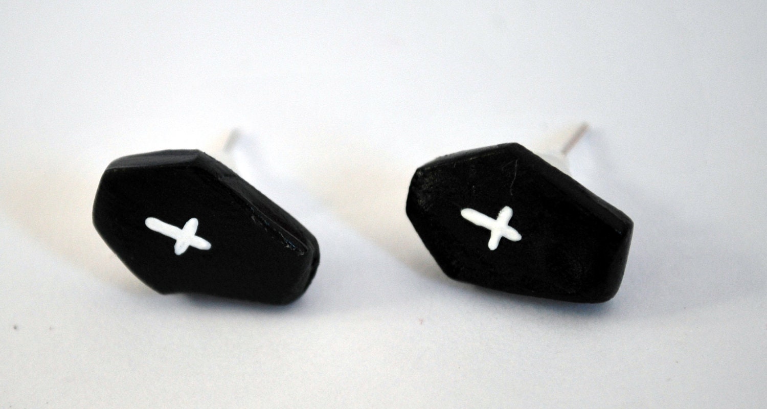 Gothic stud earrings. Coffins with white anti christ crosses made from polymer clay.