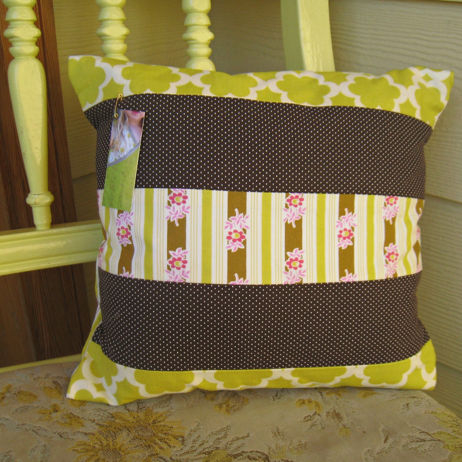 Throw Pillow - 12 inch Pillow Cover and Insert - Chartreuse Floral and Dark Chocolate Pindot - Ready To Ship
