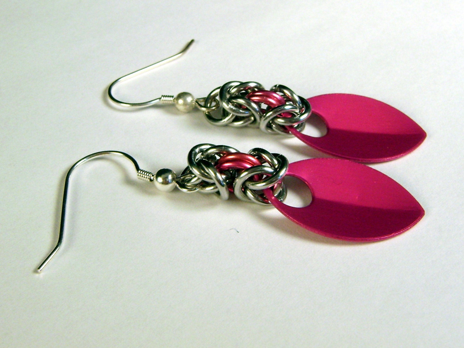 Pink Byzantine Chainmail earrings with Pink Scale dangle