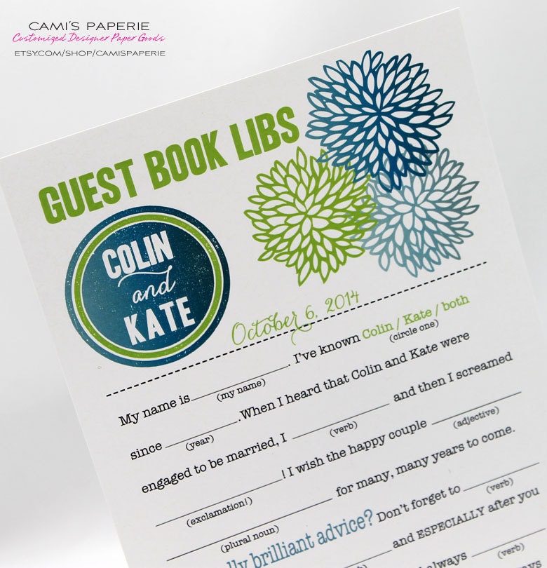 Guest Book Mad Libs PDF FILE Print Yourself Bold Flowers Colors are Customizable