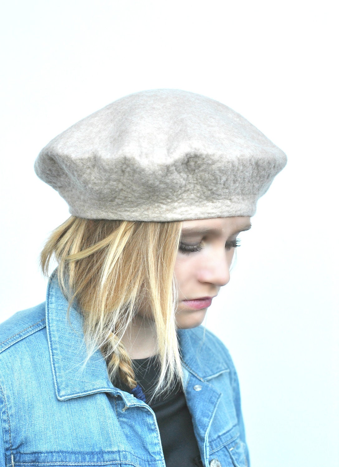 Simple Felted beret hat in cream beige Australian merino wool